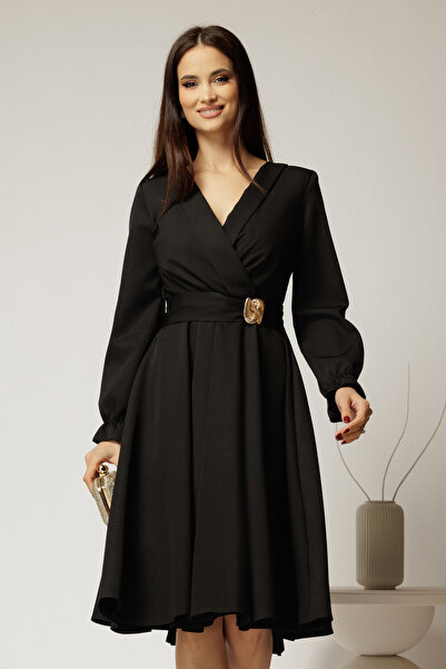 DyFashion DY Fashion black dress with Wrap neckline and gold buckle