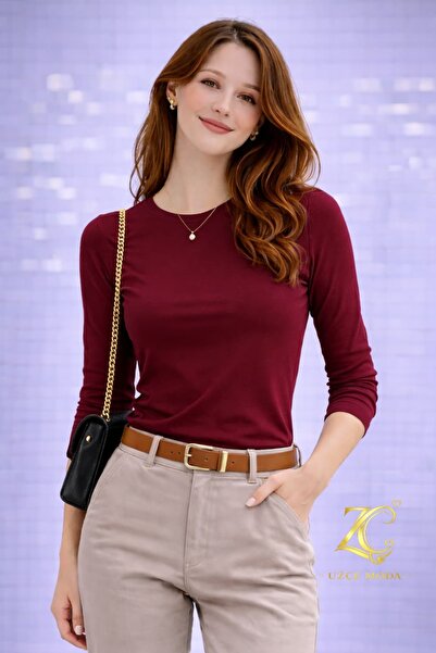 UZÇE MODA بلوزة نسائية طويلة الأكمام بلون أحمر كلاريت وياقة دائرية ناعمة للغاية