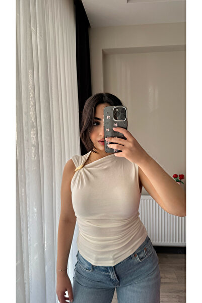 Siner Fashion Women's Gold Buckle Detail Asymmetrical Collar White Blouse wit...