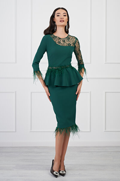DyFashion Rochie verde cu dantela si pene