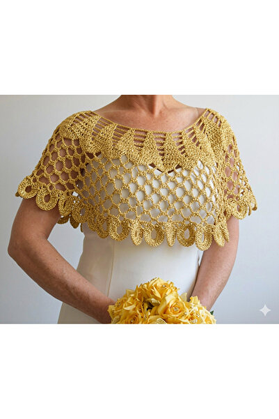 MEGA Megahan Boutique Evening Dress, Hand-Knitted, Perforated, Gold Color Bolero