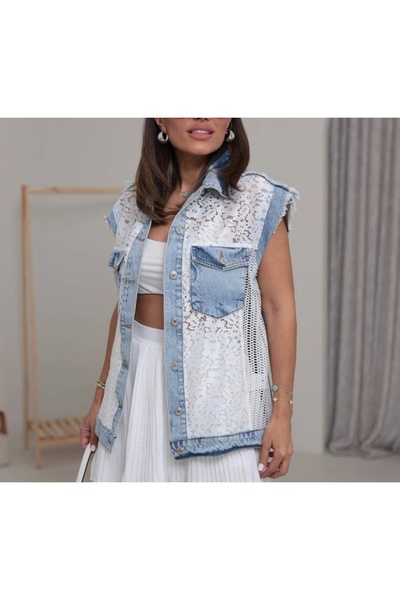 Veto Jeans Tasarım Dantelli Kot Yelek