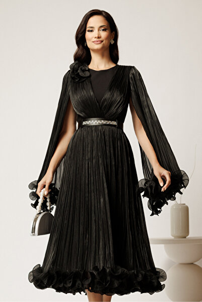 DyFashion Black midi dress made of satin veil in a cloisonné style with a flo...