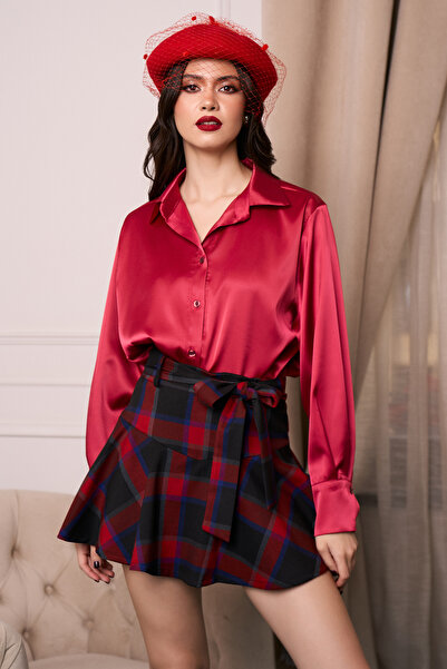 DyFashion Fusta scurta din stofa neagra cu carouri rosii si cordon in talie