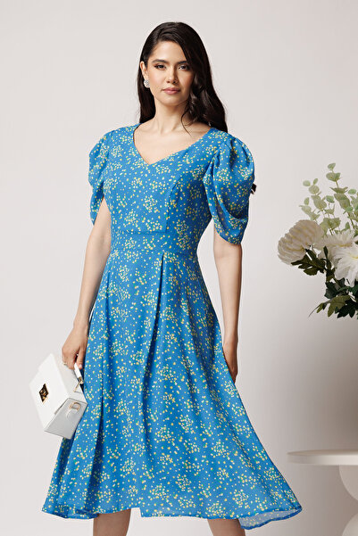 DyFashion Blue viscose flowy dress with yellow flowers