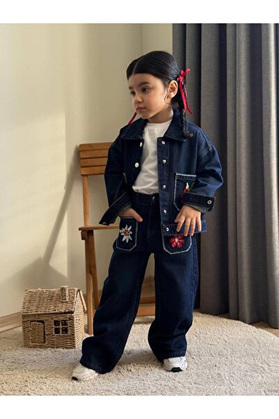 Butik Girl's Navy Blue Embroidered Denim Jacket & Pants & Cotton Piece Bodysu...