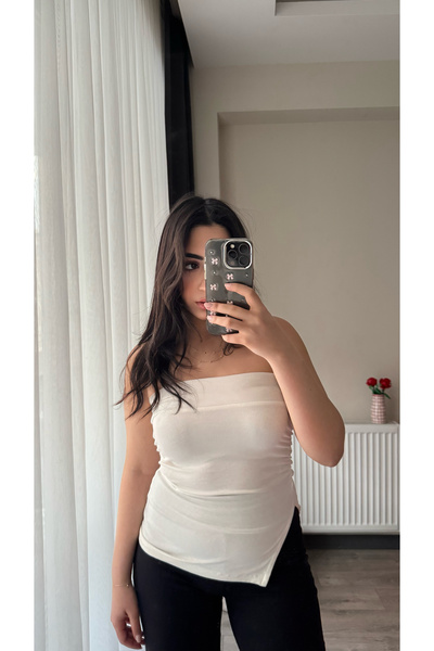 Siner Fashion Women's White Blouse Ruched Detail Slit Strapless Cotton