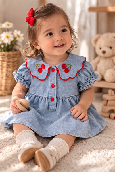 MYZİ STORE Girl's Denim Dress - Cherry Embroidery, Red Buttons, Cute and Comf...