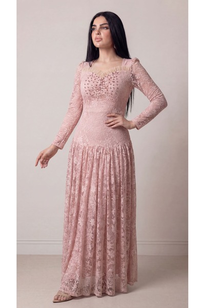 Opera Fashion فستان سهرة ناعم دانتيل طويل بتطريز خرز على الصدر