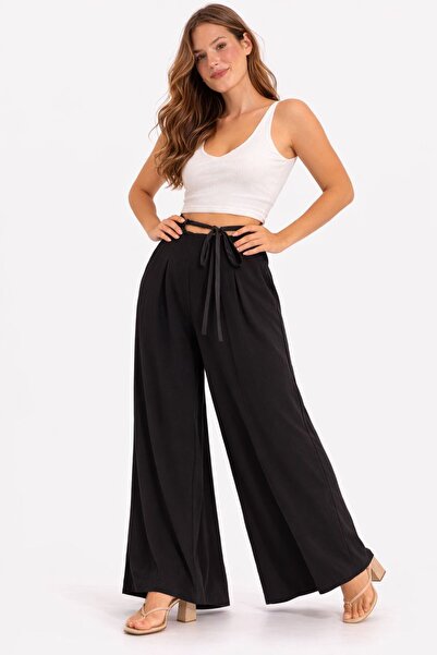 LAVRE Women's High Waist Stretch Fabric Dabıl Fabric Palazzo Pants - Tie Detail