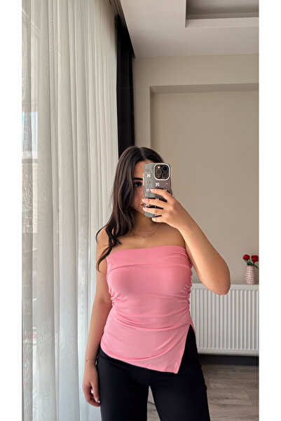 Siner Fashion Women's Pink Ruched Detail Slit Strapless Cotton Blouse