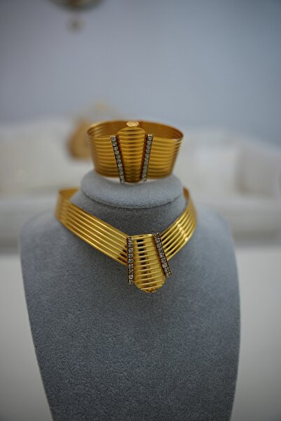 azraaccesoryy Altın Kaplama 22K Trabzon Hasır Set (Gerdanlık ve Bilezik)