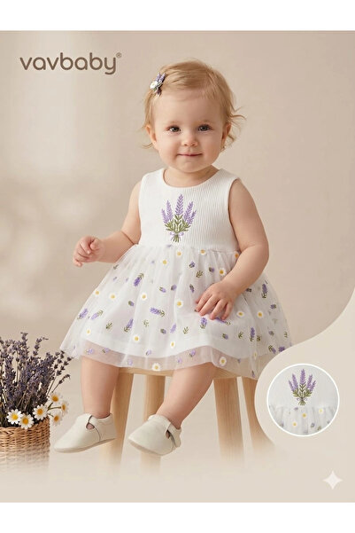 VaVbaby Baby Girl Lavender and Daisy Embroidered Tulle Detail Dress White