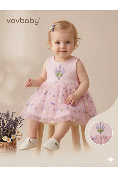 VaVbaby Baby Girl Lavender and Daisy Embroidered Tulle Detail Dress Pink