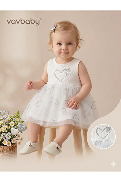 VaVbaby Baby Girl Heart Embroidered Tulle Detail Dress White