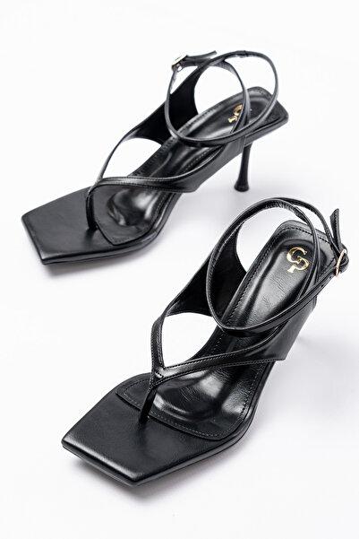 SEEM Jodie Flip Flops with Blunt Toe Heels Black Sandals