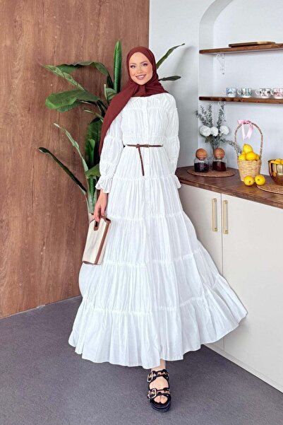 Hazamoda فستان من الفوال باللون الأبيض