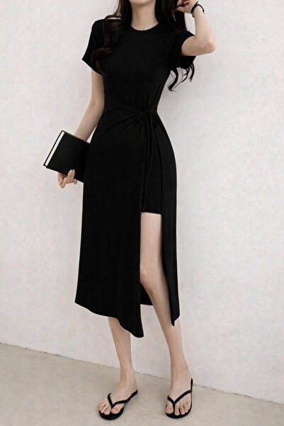 Lucky Line TAINA Κομψό Μαύρο Φόρεμα Μίντι με Λεπτομέρεια στη Μέση άνοιγμα Cas...