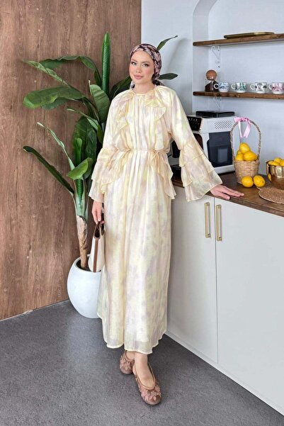 Hazamoda فستان منقوش ذاتي بيج