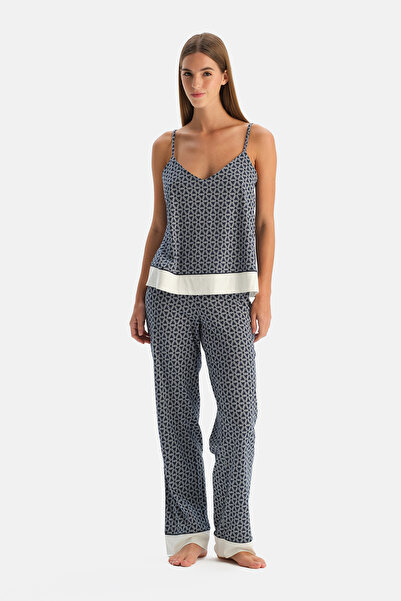 Dagi Navy Blue Geometric Patterned Cotton Modal Athlete Pants Pajama Set