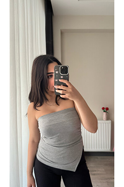 Siner Fashion Women's Gray Ruched Detail Slit Strapless Cotton Blouse