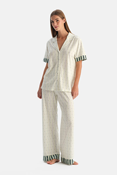 Dagi Water Green Geometric Patterned Shirt Pants Pajama Set