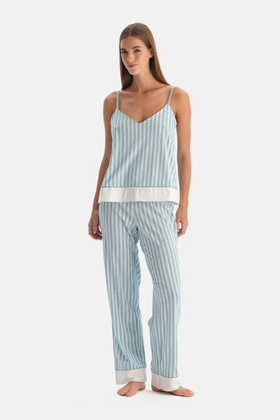 Dagi Light Blue Geometric Patterned Cotton Modal Athlete Pants Pajama Set