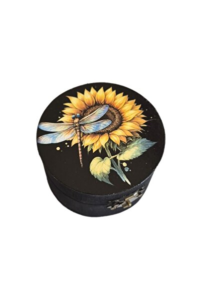 CrisArtDeco Round Wooden Box with Dragonfly and Sunflower - 103550