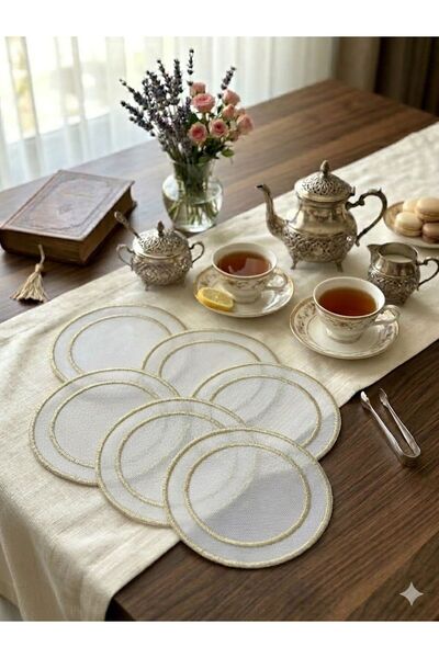 nuvom 6-Piece Gold Embroidered Plaid Cocktail Napkin Holder 13X13 – Round Cof...