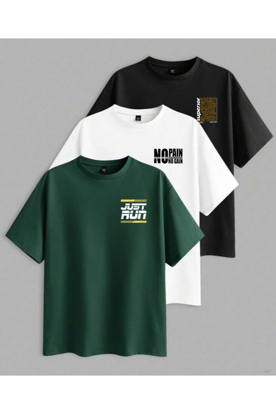 SUNFREE Mix Printed 3-Pack Green-White-Black Oversized Cotton T-Shirts