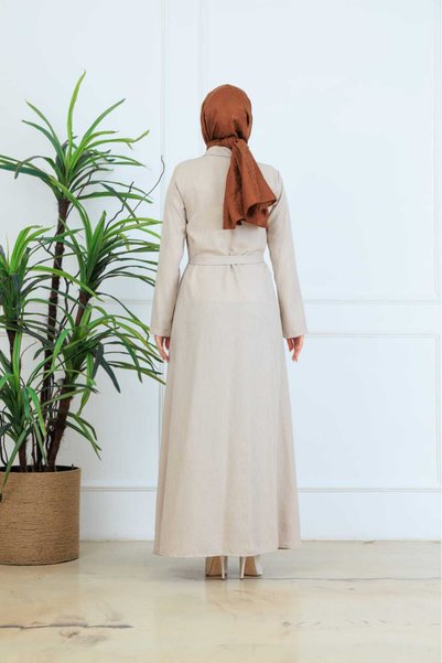 NURSİDA Sofia Linen Belted Buttoned Dress - Safari Style Pocketed Hijab Dress