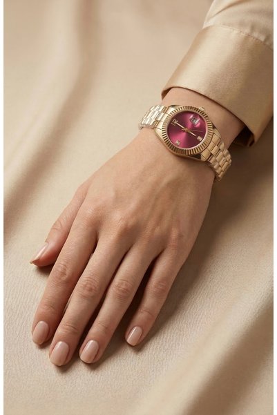 KLISHE Butik Women's Steel Watch Gold Color Burgundy Dial Luxury Edition |   Stylish Elegant Design Women's Wristwatch 2026