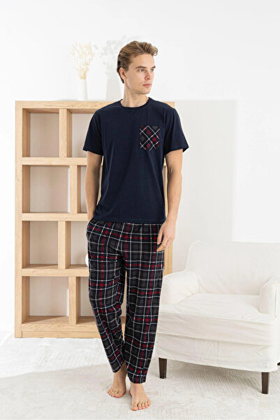 Pijamoni طقم بيجامة رجالي قماش منقش منقوش قطن قطعة باللون الأزرق الداكن