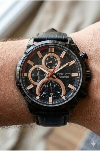 Ferrucci Black Sports Case Men's Wristwatch |   45mm Steel Case, Black Leathe...