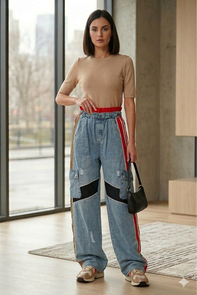 OEM Women's wide-leg jeans with High-Leg – urban style with Striped , L/XL