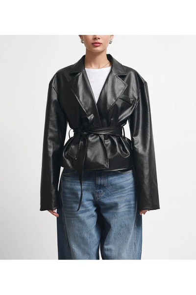 Karabulut New Season Double-Breasted Belted Buttoned Leather Jacket