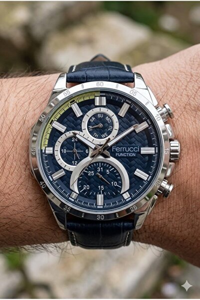 Ferrucci Sports and Modern Men's Wristwatch |   45 mm Steel Case, Navy Blue Leather Strap, Dark Blue Dial