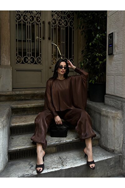 Nes Moda Yarasa Kol Manşetli Bluz Şalvar Pantolon Takım