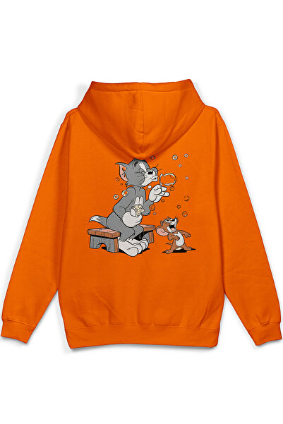 Overoz Cat Back Printed Hooded Half Oversized Sweatshirt Orange Hoodie 1379