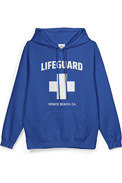 Overoz Lifeguard Printed Hooded Half Oversized Sweatshirt Blue Hoodie 1410
