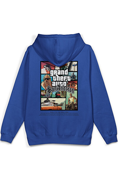 Overoz Gta San Andreas Sırt Printed Hooded Yarı Oversized Sweatshirt Blue Hoo...