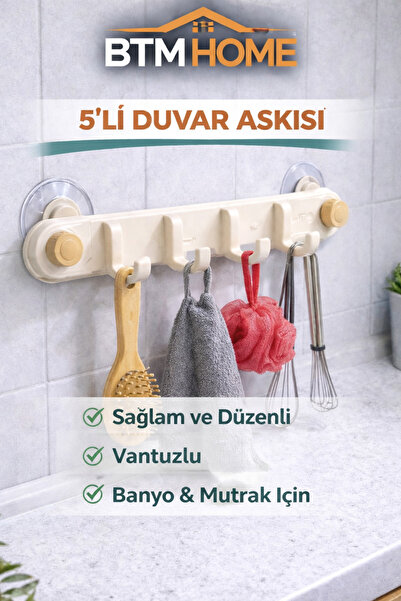 btm home 5’li Vantuzlu Duvar Askısı Çok Amaçlı Askılık Banyo Mutfak Havlu Org...