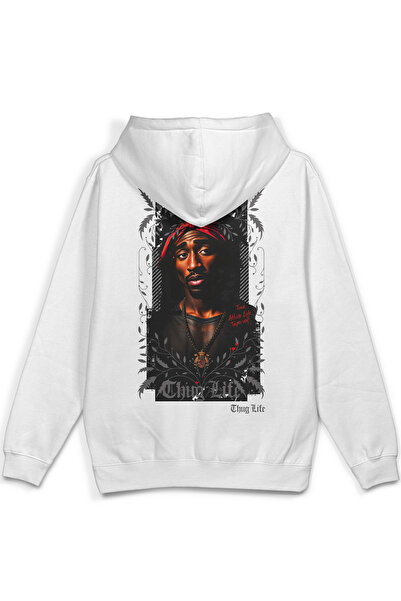 Overoz TuPac 2pac Back مطبوع بغطاء رأس سويت شيرت أبيض نصف كبير الحجم 1407
