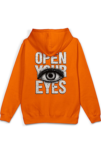 Overoz Open Your Eyes Eye Back Printed Hooded Half Oversized Sweatshirt Orang...