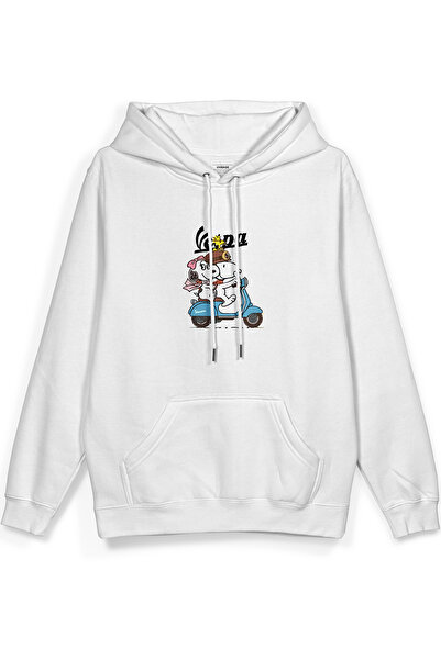 Overoz سويت شيرت فيسبا سنوبي مطبوع بغطاء رأس نصف أوفر سايز هودي أبيض 1145