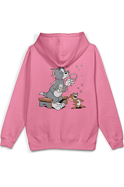 Overoz Cat Back Printed Hooded Half Oversized Sweatshirt Pink Hoodie 1379