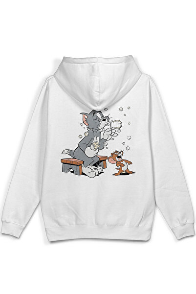 Overoz Cat Back Printed Hooded Half Oversized Sweatshirt White Hoodie 1379