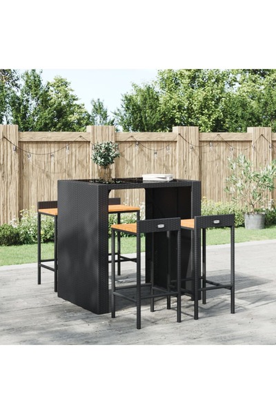 Concept Scaune de bar, 4 buc, negru, poliratan și lemn masiv de acacia