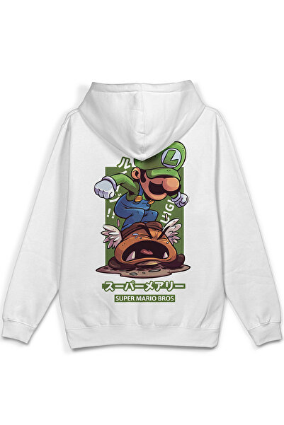 Overoz Super Sırt Printed Hooded Half Oversized Sweatshirt White Hoodie 1390