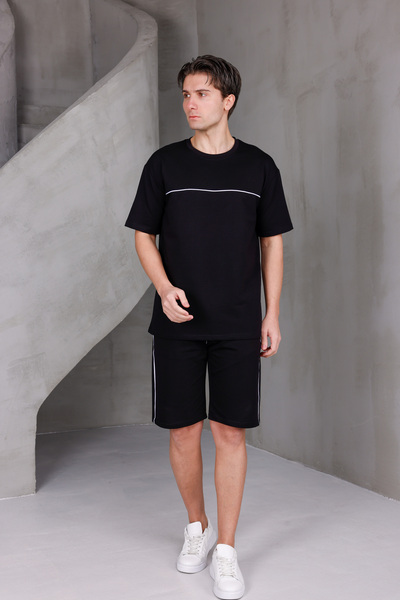 DARK MODA Erkek Garnili Şeritli Oversize Alt-Üst 2 İki İplik Kompakt Şort Takımı